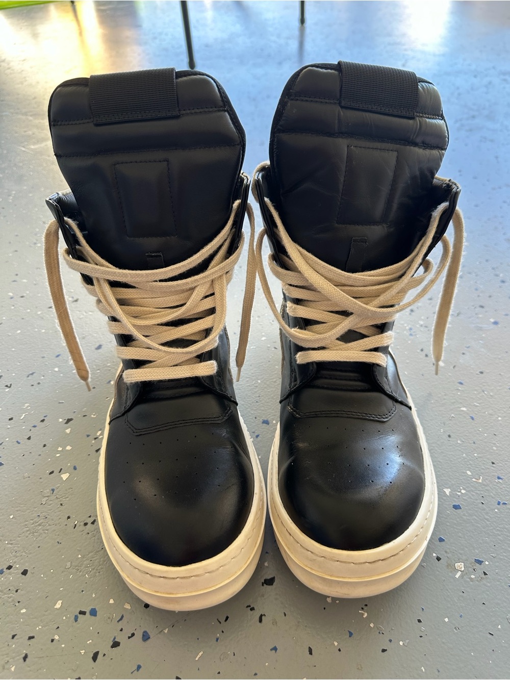 Rick Owens Black Leather High-Top Sneakers with Cream Laces